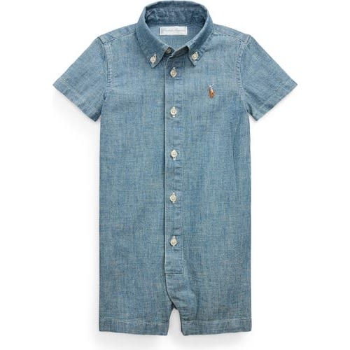 Chambray Button-Down Polo Romper, 12M