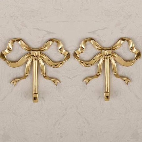 QIIODATD Bow Wall Hooks Brass (2 Pcs) Christmas Wall Decor Gold Hooks Door Hanger Towel Multi-Purpose Hooks for Hanging for Bathroom Living Room Kitchen Decor Christmas Birthday Gift (L)