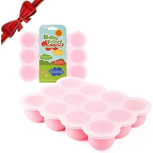 Samuelworld Baby Breast Milk and Food Storage Container, 12 Portions x 2.5oz, Stackable Food Grade Silicone Tray with Clip-On Hard Lid for Homemade Purees, Vegetables & Fruits - Pink
