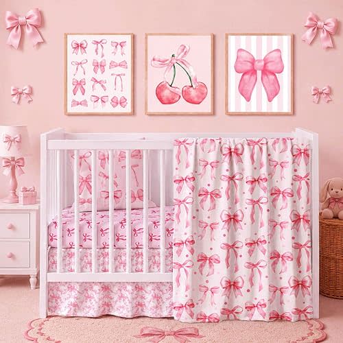 5 Pcs Baby Crib Bedding Set, Pink Bow Coquette Nursery Baby Crib Set