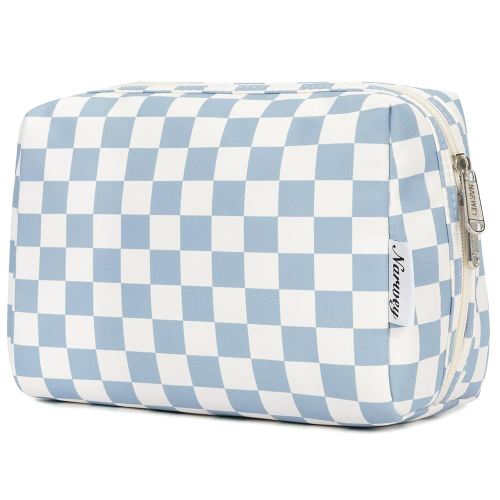 Narwey Checkered Makeup Bag Travel Cosmetic Bag Organizer Toiletry Bag Make Up Bags with Compartments for Women Girls((Large, Sky Blue Checkerboard)