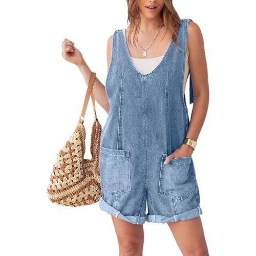 Glamaker Womens Summer Denim Romper Overall Shorts Casual Sleeveless V Neck Jean Romper Denim Outfit Short Jumpsuits 2025