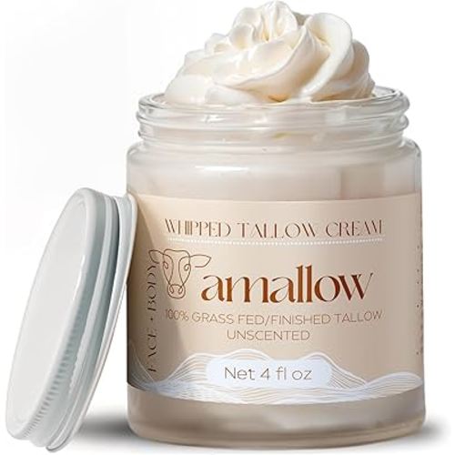 Amallow 100% Grass Fed Beef Tallow for Skin Care - Face + Body - Whipped Moisturizer for Sensitive Skin - Natural Lotion, 4 FL. oz. (Unscented)