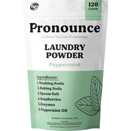 Pronounce Laundry Detergent Powder Alternative | Non-Toxic, Eco-Friendly, Natural for Sensitive Skin, Eczema, and Babies. Stain + Smell Fighting. HE Safe (Peppermint, 120 Loads)