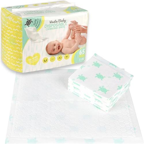 Vesta Baby 65 Disposable Changing Pads - Soft Absorbent Leak Proof Pee Mats - White Portable Diaper Change Underpads for Bed & Table Protection - 15" x 20" Waterproof Liners
