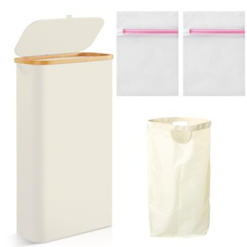 SPOKKI Slim Laundry Basket with Lid with 2 Pcs Mesh Bags, Foldable Clothes Hamper with Bamboo Handles, Laundry Hamper with Removable Inner Bag for Bathroom, Bedroom & Laundry Room,60L Beige