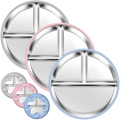 OVV Stainless Steel Kids Plates (3 Pack) 9 Inch Toddler Divided Plates with Removable Silicone Sleeves & 5 Suction Cups Baby Self Feeding | Mess-Free Mealtime | Dishwasher Safe