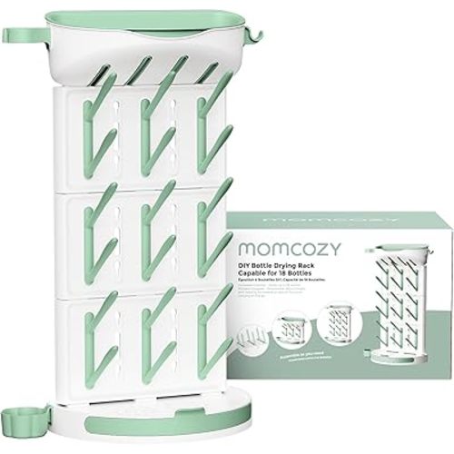 Momcozy DIY Larger Bottle Drying Rack for 18 Bottles, Space Saving Countertop Vertical Rack with Brushes Holder, Detachable Travel Bottle Rack for Baby Accessories & Pump Parts
