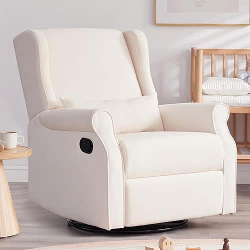 Nursery Glider Chairs, 360° Swivel Rocking Recliner Chairs, Nursery Rocking Chairs with Foot Rest, Manual Nursing Reclining for Living Room, Beige