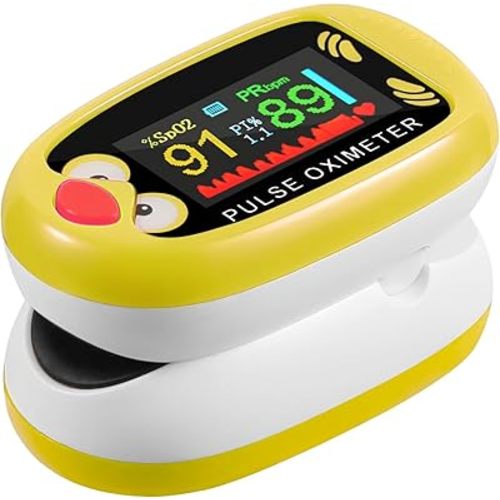 Pediatric Pulse Oximeter, Rechargeable Baby Oximeter, Oxygen Monitor for Kids, Blood Oxygen Saturation, Pulse Rate Monitor, Cute Cartoon Design, USB-C Charging (Yellow)