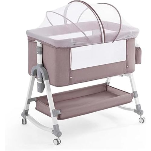 3 in 1 Baby Bassinet, Rocking Bassinets Bedside Sleeper with Comfy Mattress and Wheels, Height Adjustable Easy Folding Portable Bedside Crib for Newborn Infant,Khaki