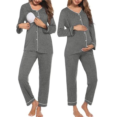 Ekouaer Maternity Pajama Set Button Down Nursing Pajamas Long Sleeve Breastfeeding Loungewear with Adjustable Pants