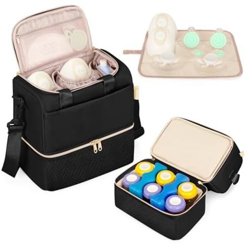 Fasrom Wearable Breast Pump Bag with Cooler Compartment Compatible with Momcozy, Medela and Willow Pumps, Portable Pumping Carrying Case with Waterproof Mat, Black (Empty Bag Only)