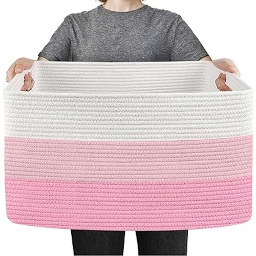 Large Pink Baskets for Organizing, 23.6" x 15.7" x 14.1" Rectangle Woven Cotton Rope Baskets, Blanket Holder, Soft Wicker Toy Bin with Handles, Baby Nursery Storage, Pink Room Decor Basket