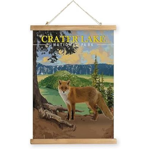 MIDEFINCH Vintage Crater Lake National Park Poster with Wooden Frame Wall Decor Retro National Park Patterns Printed on Linen Canvas Art for Bedroom Living Room Decor.(12 X 16 inches)