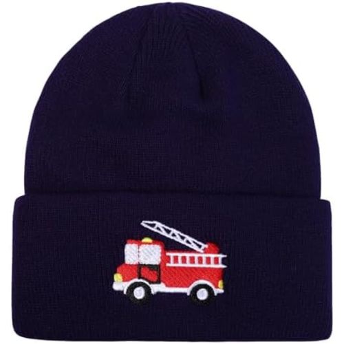 Kids Knit Beanie Cute Fire Trucks Embroidery Warm Cuffed Skull Caps Classic Autumn Winter Hats for Boys Girls 3-8 Years