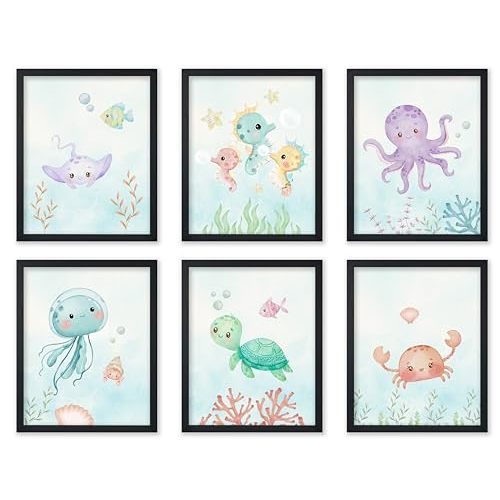 Poster Master 6-Piece Sea Animals Poster - Aquatic Print - Pastel Color Art - Marine Life Art - Gift for Boys, Girls & Parents - Decor for Playroom, Kid's Room or Nursery - 8x10 UNFRAMED Wall Art