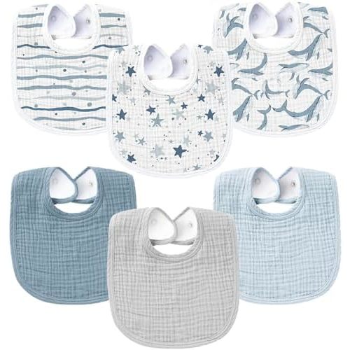 Konssy 6-Pack Muslin Baby Bibs for Boys & Girls, Soft Cotton Absorbent Drool Bibs, Bandana Bibs for Drooling & Teething