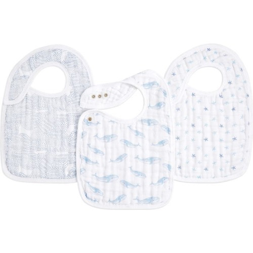 aden + anais 3-Pack Classic Organic Cotton Muslin Snap Bibs, Oceanic Blue