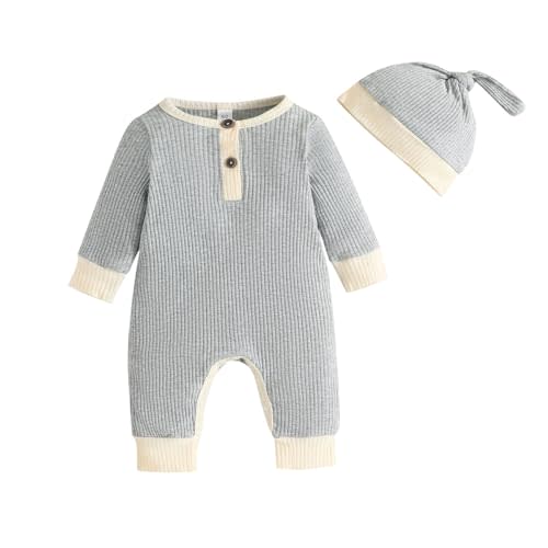 Kutersbabi Newborn Baby Boy Girl Romper Toddler Solid Ribbed One-piece Jumpsuit Clothes Hat Infant Coverall Jumper Outfit Set
