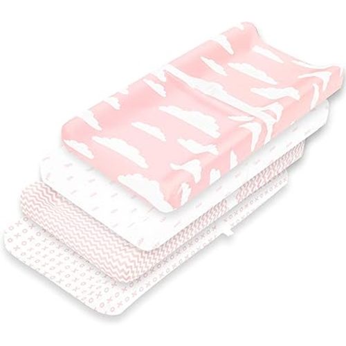 Premium Baby Changing Pad Covers 4 Pack – Girl – Pure Cotton Machine Washable Pink and White Changing Table Cover – Diaper Changing Pad Cover Sheets