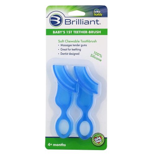Brilliant Oral Care Baby’s First Toothbrush, Smooth Silicone Bristles Gently Clean Tender Teeth and Gums, for Ages 4+ Months, Blue, 2 Pack