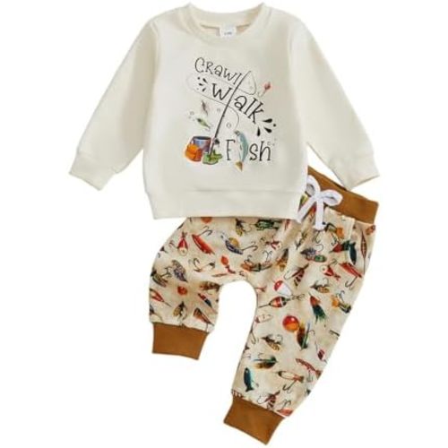 Kupretty Toddler Baby Boy Fall Clothes Fishing Outfit Fish Long Sleeve Crewneck Pullovers Sweatshirt + Graphic Pants Set