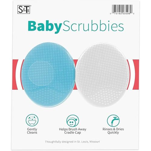 S&T INC. Exfoliating and Massaging Cradle Cap Bath Brushes for Baby, Silicone - 2 Inch x 2.5 Inch, Blue and White, 2 Pack