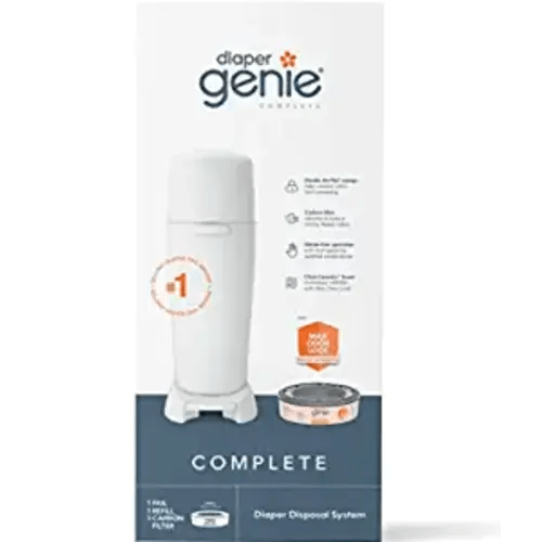Diaper Genie Complete Diaper Pail (White) with Antimicrobial Odor Control | Includes 1 Diaper Trash Can, 1 Refill Bags, 1 Carbon Filter - White + 1 Scented Refill