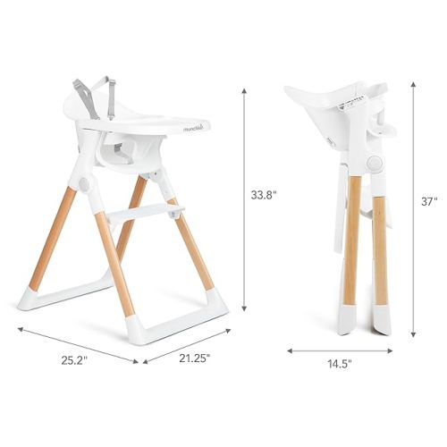 Munchkin® Float™ Foldable Baby and Toddler High Chair - Easy Clean, Compact and Lightweight, Great for Small Spaces, White with Wooden Legs - Baby Seat