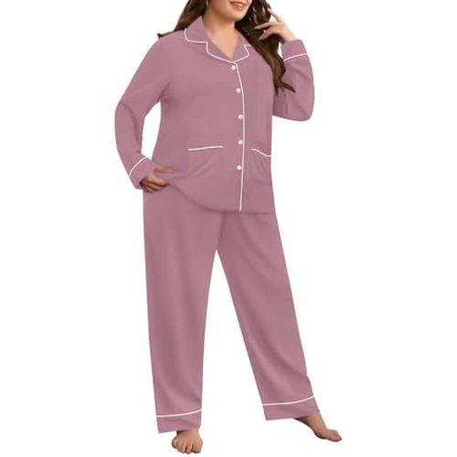 SWOMOG Women's Plus Size Pajamas Set with 2 Pockets Long Sleeve Button Down Sleepwear Soft PJs Pants Postpartum Lounge Sets