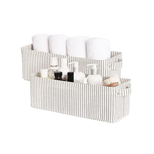 StorageWorks Narrow Storage Bins, Small Baskets for Organizing, Long Storage Basket with Handles, Fabric Storage Bins for Shelf, Gray and White Stripes, 2-Pack
