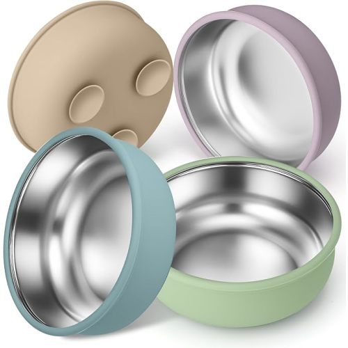 BUSOHA 4 Pack Stainless Steel Baby Bowls with Suction – 2-in-1 Toddler Feeding Plates Heat-Resistant Spill-Proof Suction Bowls for Kids Baby Toddler Food Feeding