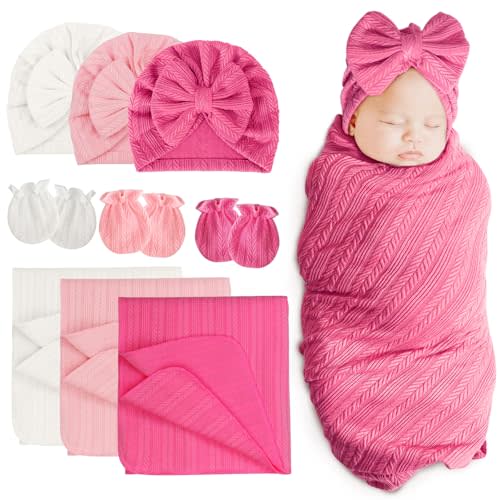 BQUBO Newborn Receiving Blanket Hat Mittens Set for Baby, Unisex Baby Boys Girls Essentials, Newborn Registry Must Haves, Stroller Crib Shower Gifts