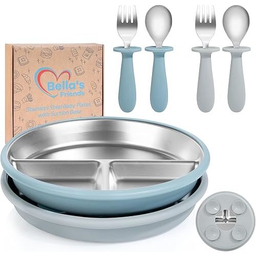 Baby Feeding Set| 2 Pack Stainless Steel Divided Suction Plate, 2 Set Toddler Spoons & Forks