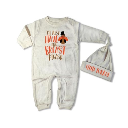 I'll Just Have the Breast Please Baby Onesie, Funny Thanksgiving Outfit (gray romper, 0 to 3 months)