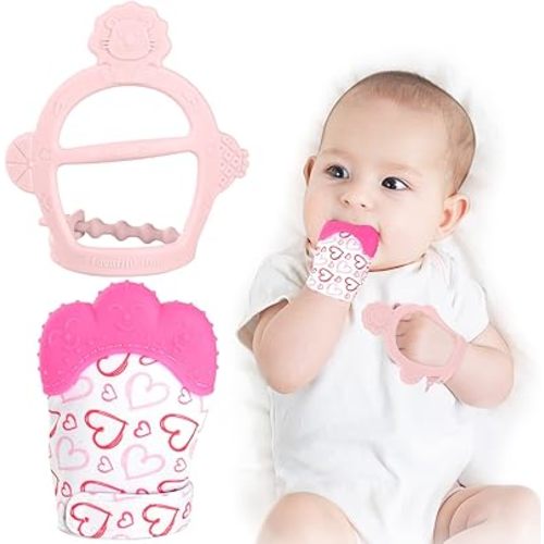 Vicloon Silicone Teething Mitt, 2Pcs Teething Mitten with Adjustable Strap, Crinkle Sound and Textured, Self Soothing Baby Chew Toys for 0-6month Infant