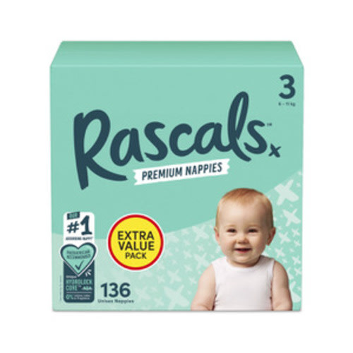 Rascals Premium Nappies Size 3 (6-11Kg) | 136 Pack