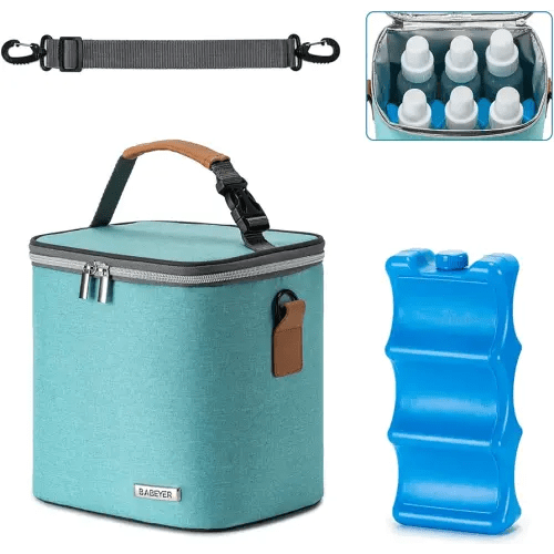 BABEYER Breastmilk Cooler Bag with Ice Pack Fits 6 Baby Bottles Up to 9 Ounce, Baby Bottle Bag with Shoulder Strap for Nursing Mom Daycare, Aqua