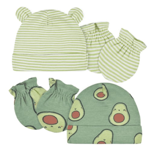 Gerber Baby Boys' Avocado Caps & No-Scratch Mittens Set, Green, 0-6M, 4-Piece