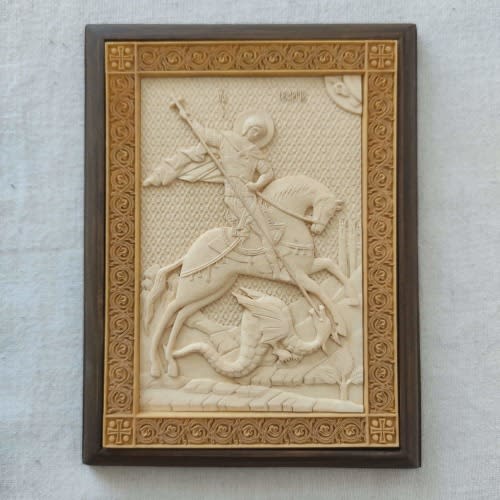 Carved wooden icon handmade.George the Victorious.St. George. Heavenly Patron of Georgia.Orthodox catholic icons.