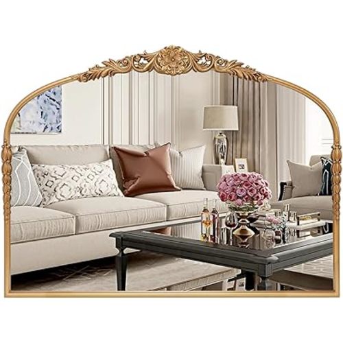 G-LEAF Vintage Baroque Mirror 40"X30",Arched Mantel Victorian Antique Farmhouse Mirror with Bronze Ornate Metal Frame for Fireplace Entryway Living Room Hallway Bathroom