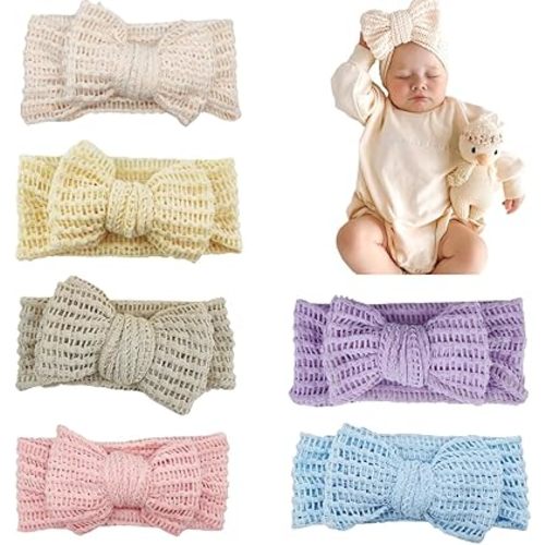 Handmade Baby Headbands Soft Stretchy Waffle Hair Bands with Bows for Newborn Infant Baby Toddler Girls- Pack of 6 (SYTLEA-03, MEDIUM)