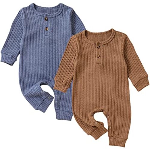Yookoom Baby Boys Girls 2 Pack Solid Romper Long Sleeve Knit Cotton Button One Piece Jumpsuit Outfits Clothes