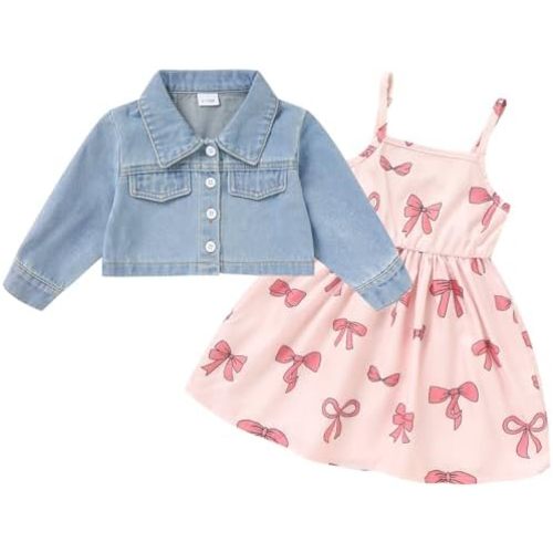 Baby Girls Floral Suspender Dress & Long-Sleeved Toddler Girl's Lovely Denim Jacket Outfit Cardigan Set