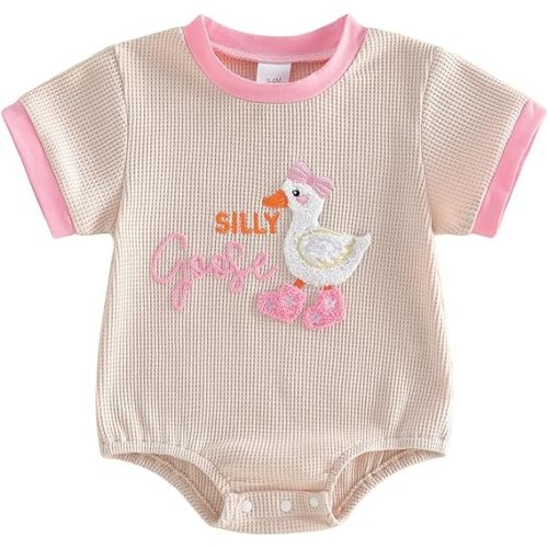 Socutebabe Infant Baby Girl Summer Clothes Newborn Outfit Goose Short Sleeve Bubble Romper Bodysuit Farm Goose Outfit