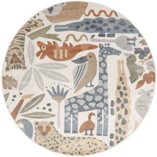 Astra Machine Washable Ivory 8 ft. x 8 ft. Graphic Contemporary Round Area Rug