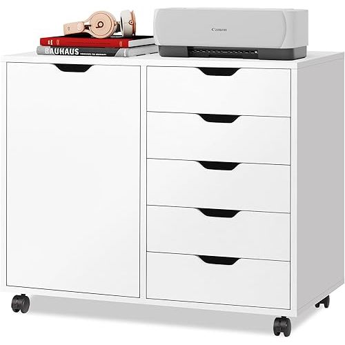 DEVAISE 5-Drawer Wood Dresser Chest with Door, Mobile Storage Cabinet, Printer Stand for Home Office