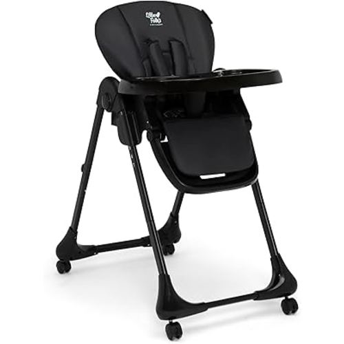 Little Folks by Delta Children 2-in-1 SlimFold High Chair for Babies and Toddlers Grows with Baby, Adjustable Height, Quick Clean - Dishwasher Safe Tray, Easy Push Wheels, Compact Fold, Black