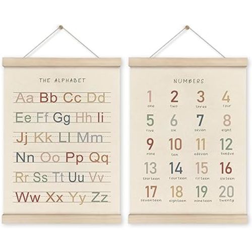 HRQKO Alphabet Numbers Poster Hanger Frame Set of 2, Nursery Wall Decor, ABC Banner Poster Wall Art with Wooden Frames, Alphabet Banner Wall Hanging Decor for Toddler Playroom Nursery, 12x16 Inch